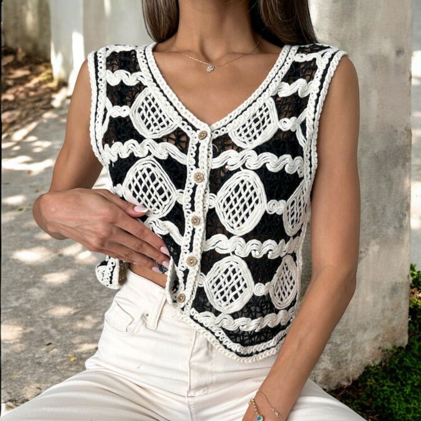 Buttoned Crochet Black and Cream Vest