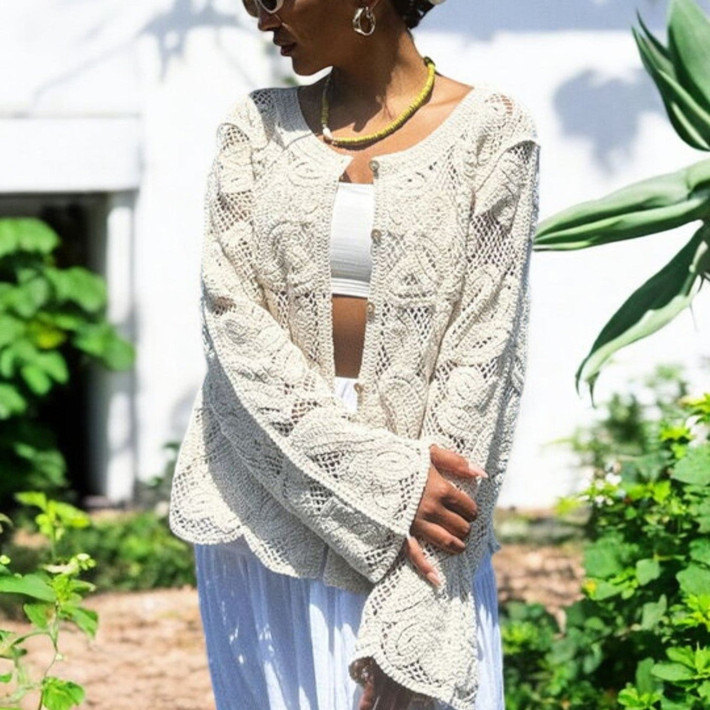 Beige Oversized Buttoned Crochet Jacket