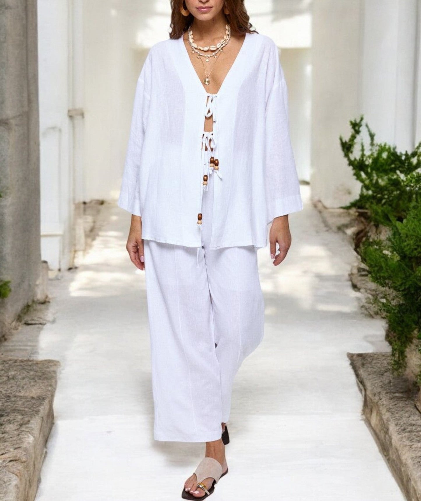 White Beaded Tie-Front Set