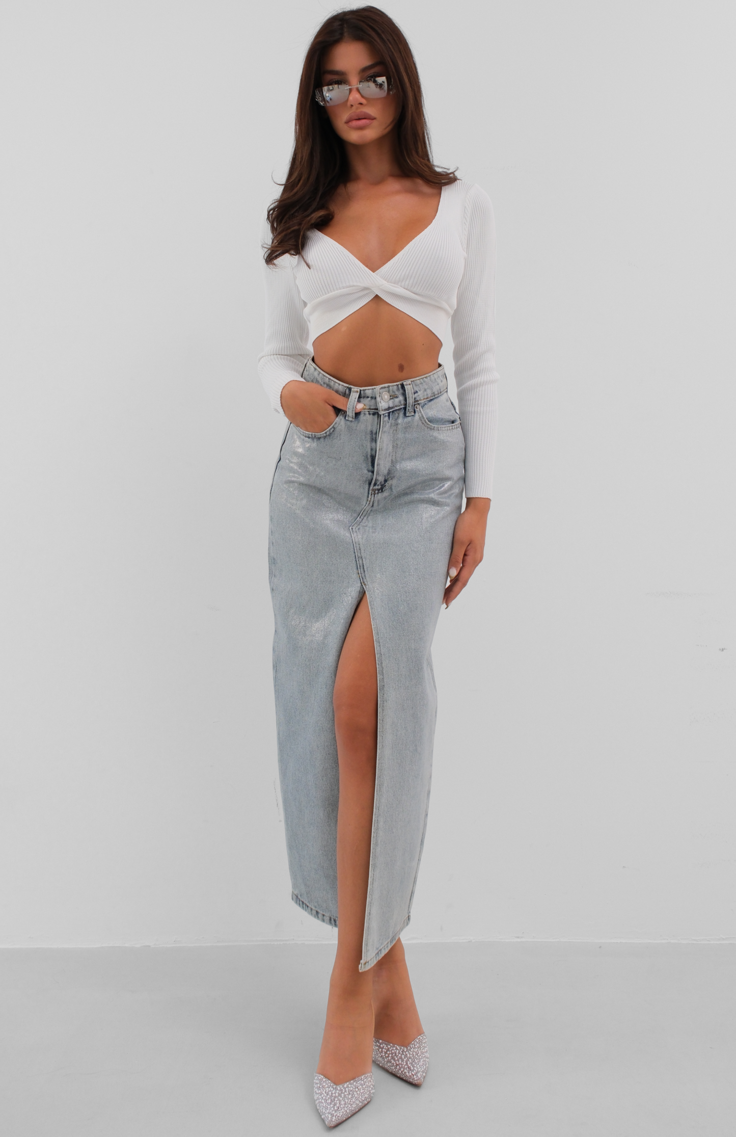 Shiny Denim Midi Skirt with Front Slit
