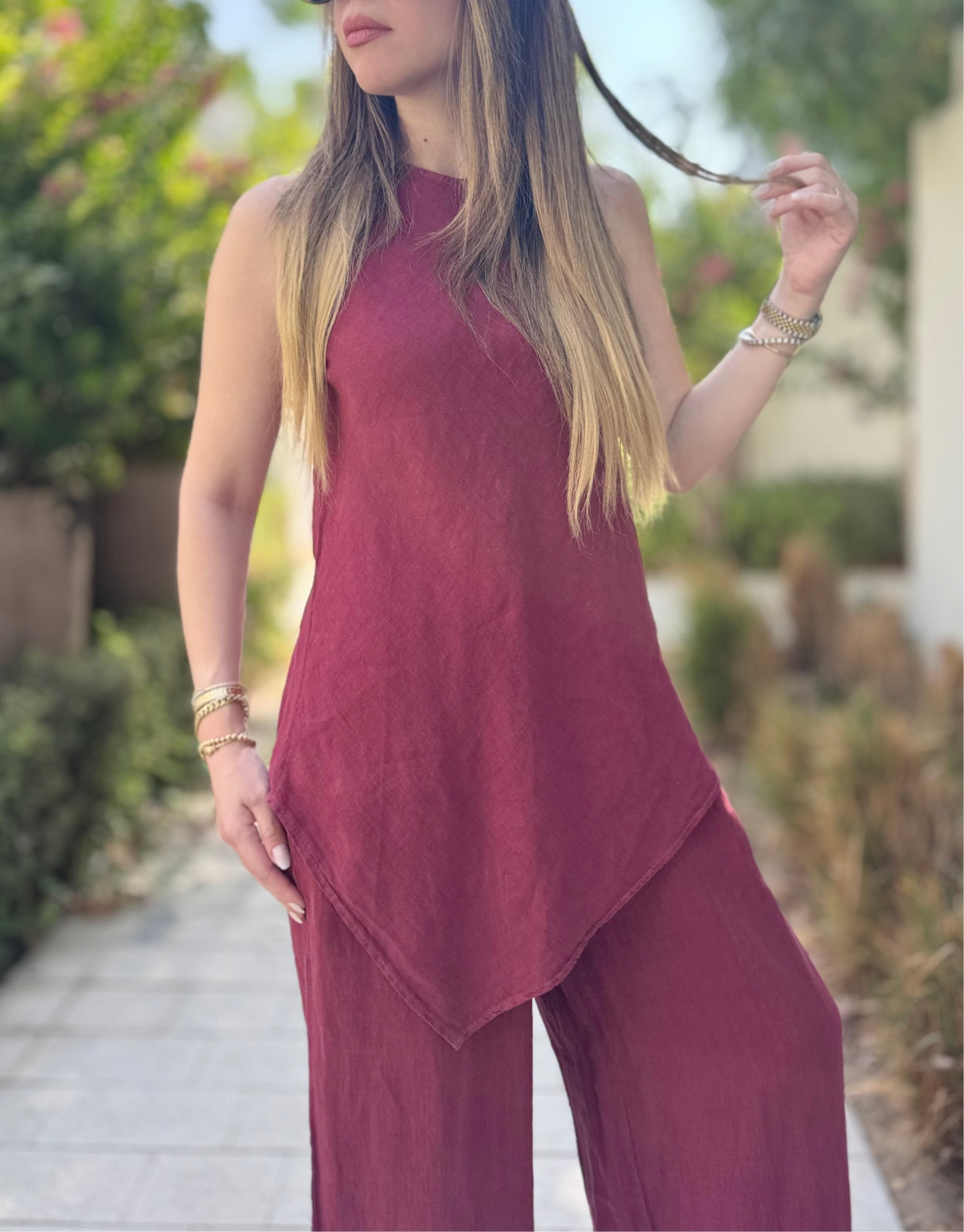 Asymmetric Linen Set in Bordeaux