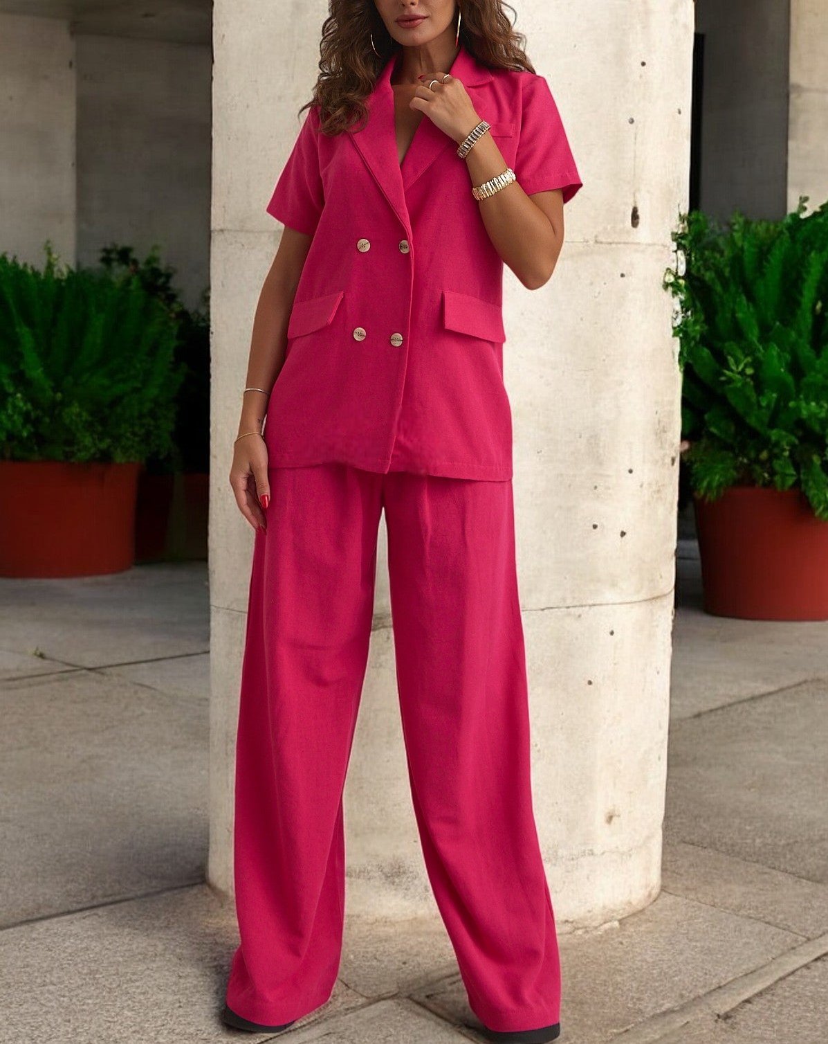 Linen Double Breast Short Sleeve Set-Fushia