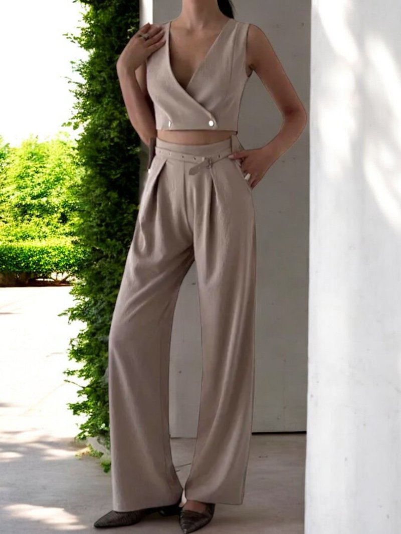 Cross Button Crop Top Mink Suit