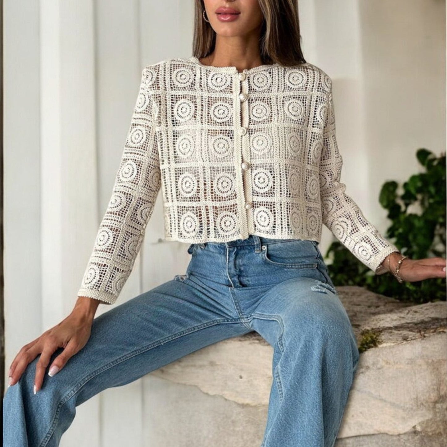 Long sleeve Crochet Jacket with Pearl Buttons