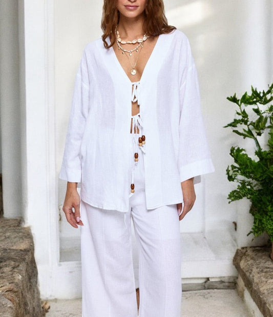 White Beaded Tie-Front Set