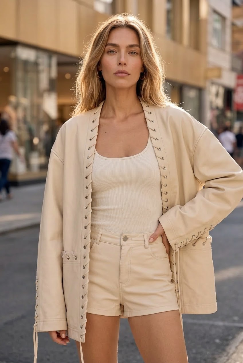 Lace-Up Oversized Leather Jacket-Ivory