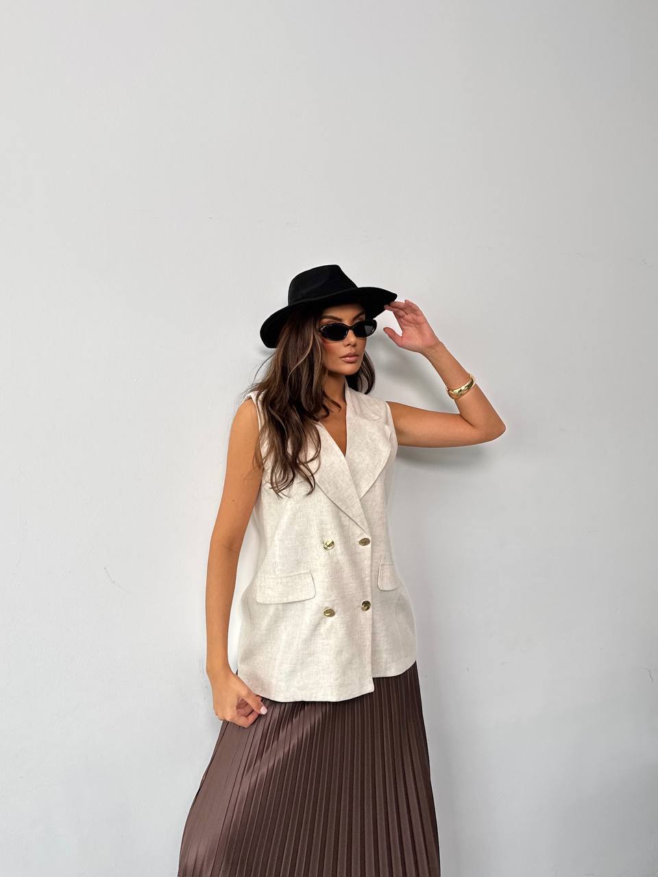 Beige Sleeveless Double Breast Vest