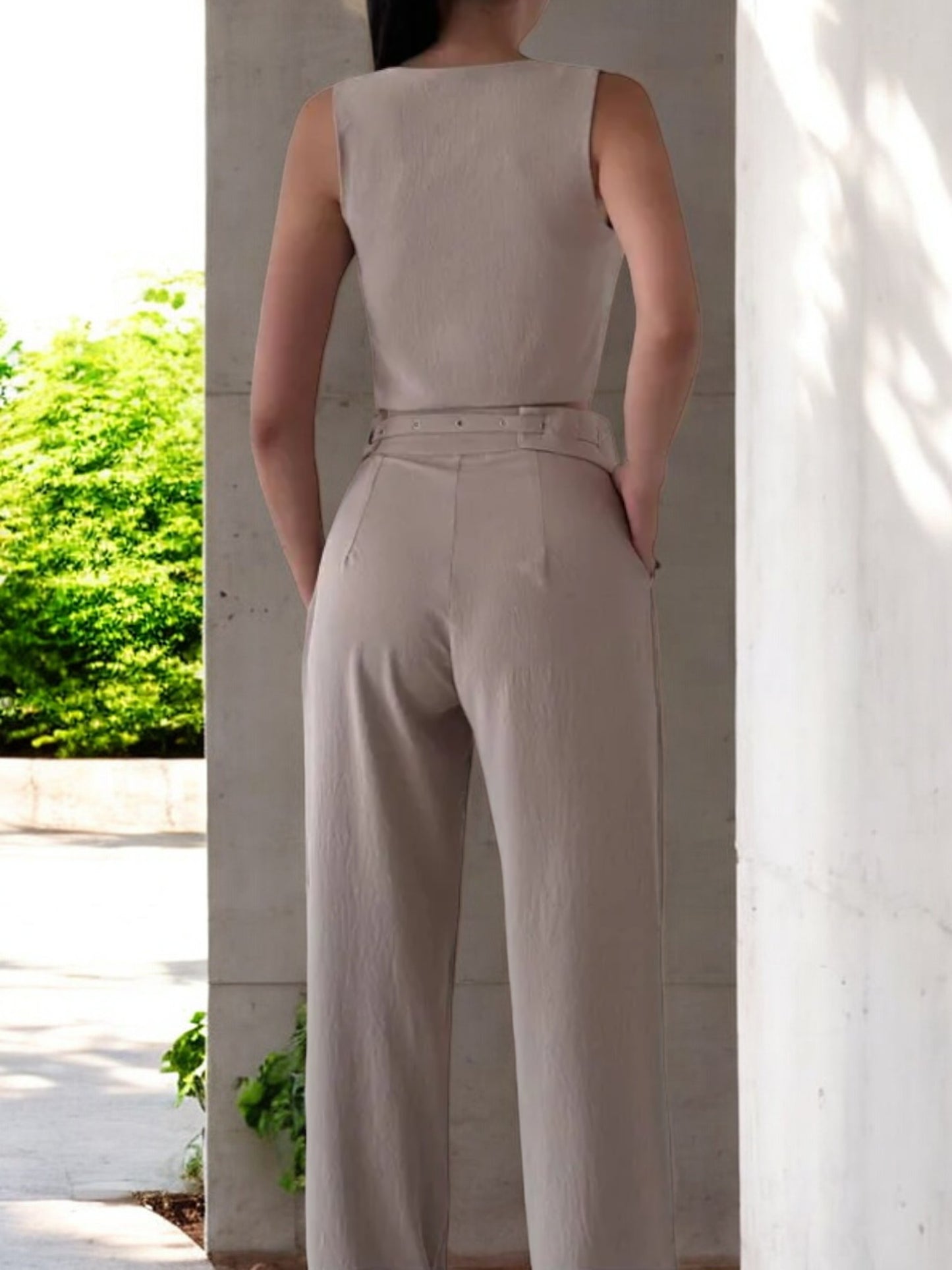 Cross Button Crop Top Mink Suit