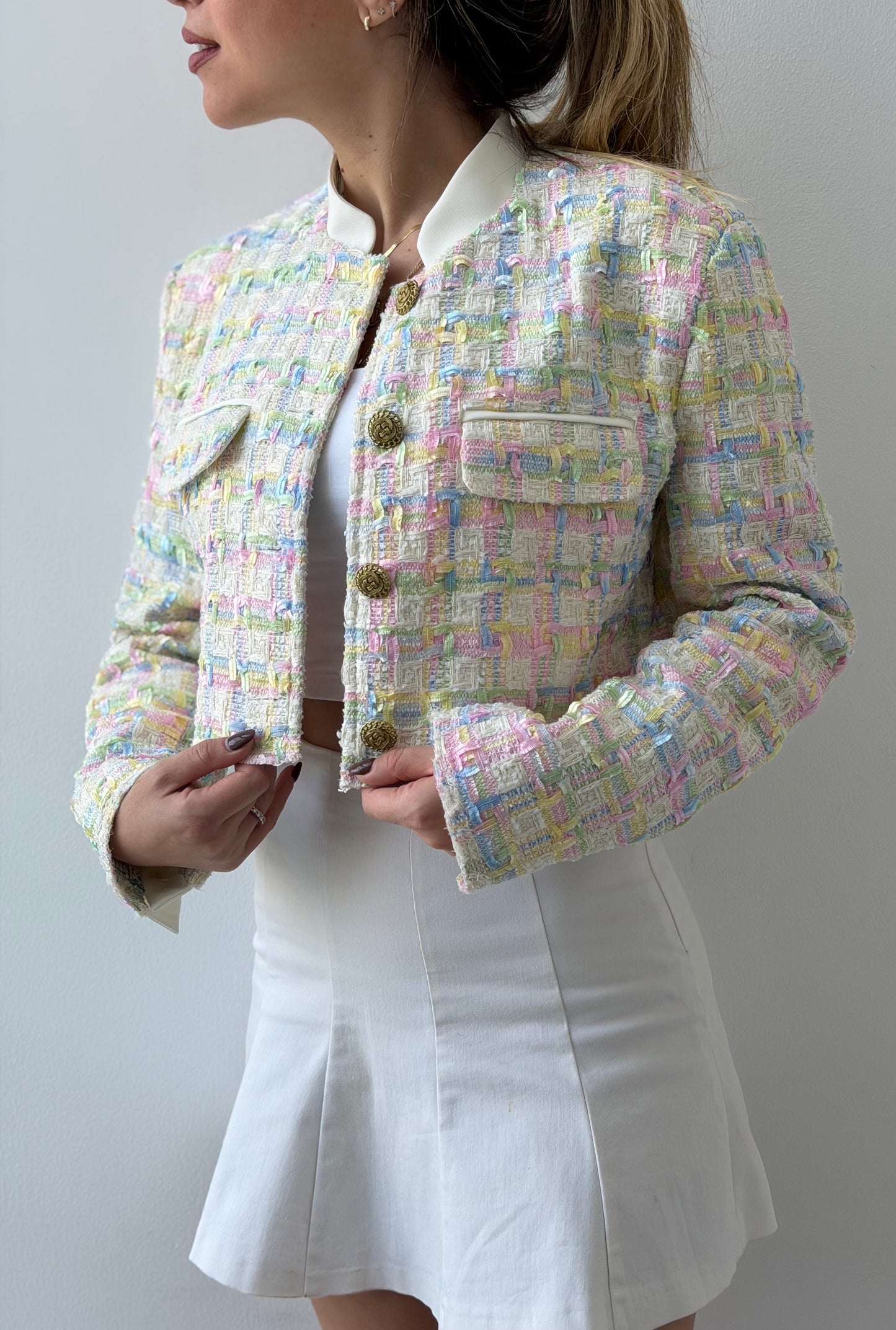 Cropped Pastel Tweed Blazer
