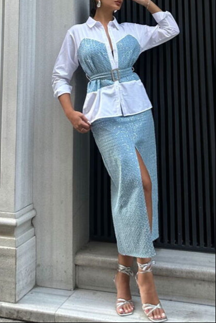 Denim Blue Sequined Skirt
