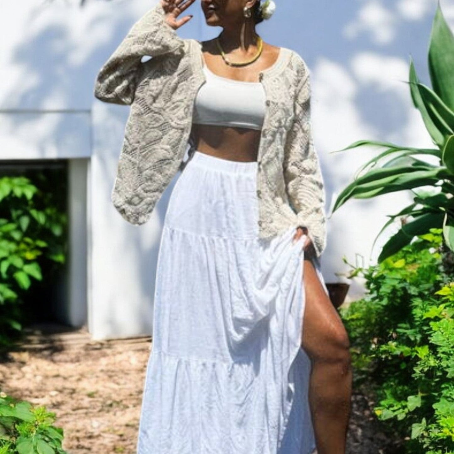 Beige Oversized Buttoned Crochet Jacket