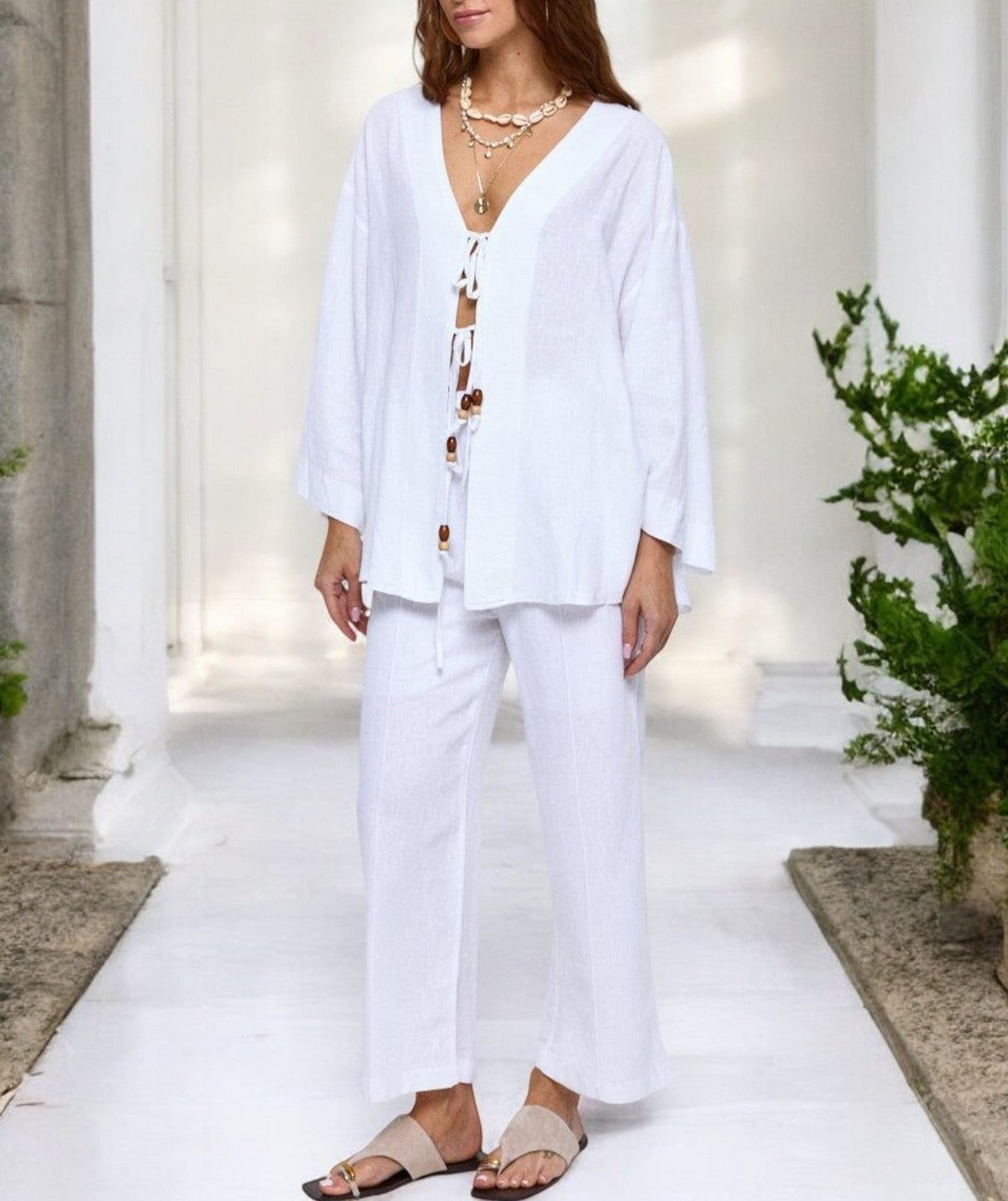 White Beaded Tie-Front Set