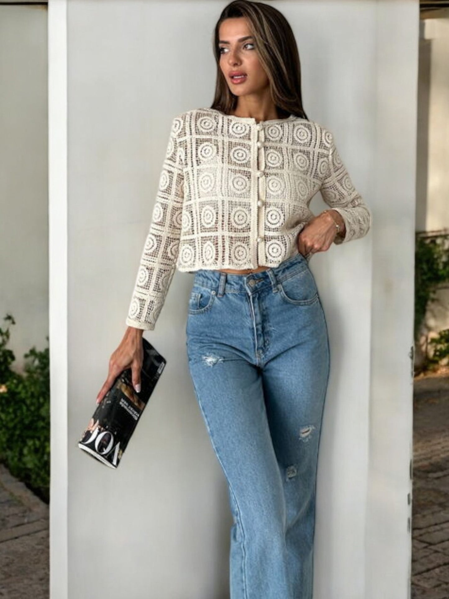 Long sleeve Crochet Jacket with Pearl Buttons