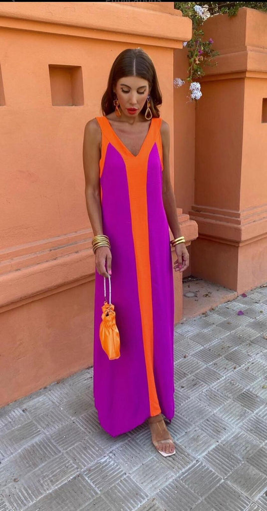 Tangerine and Fuchsia Colorblock Maxi Dress