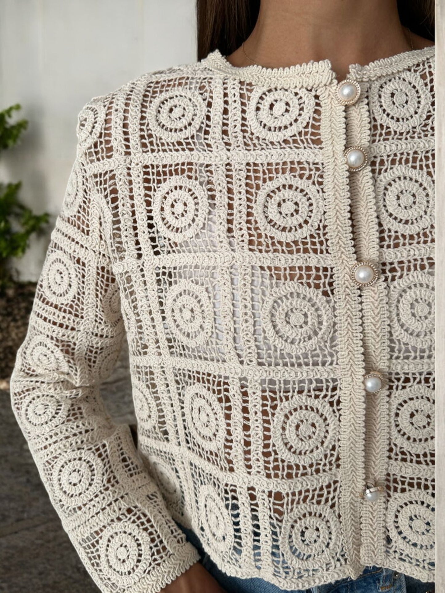 Long sleeve Crochet Jacket with Pearl Buttons