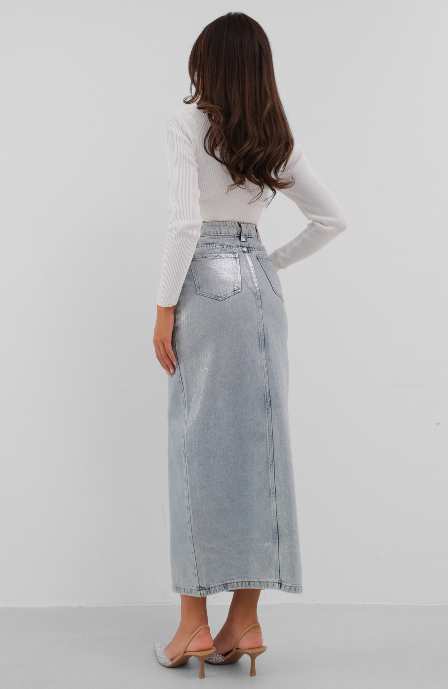 Shiny Denim Midi Skirt with Front Slit