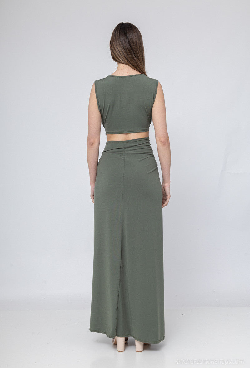 Khaki Knot-Front Cutout Maxi Dress