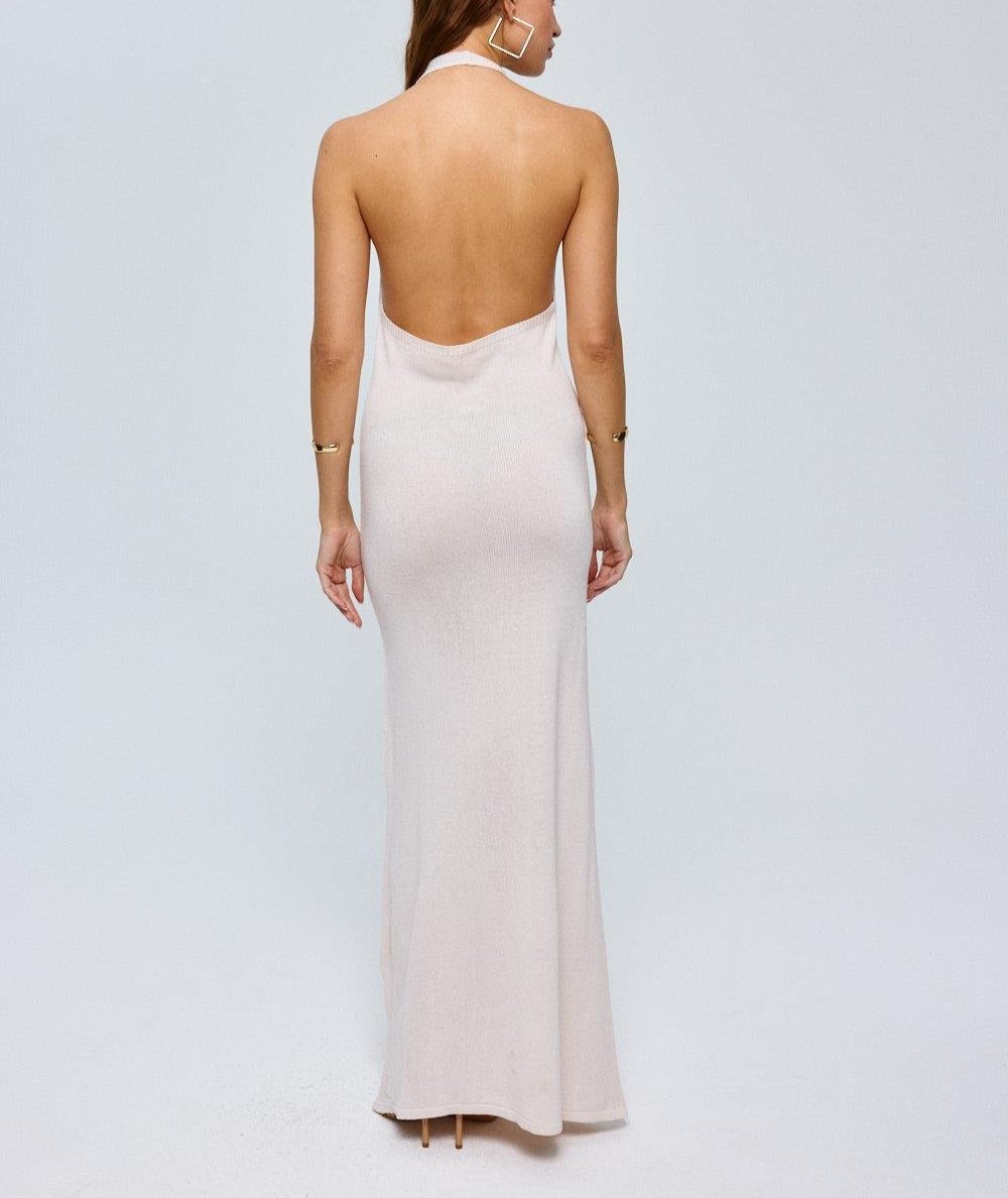 Ring Detail Halter Knitted Dress- Ivory