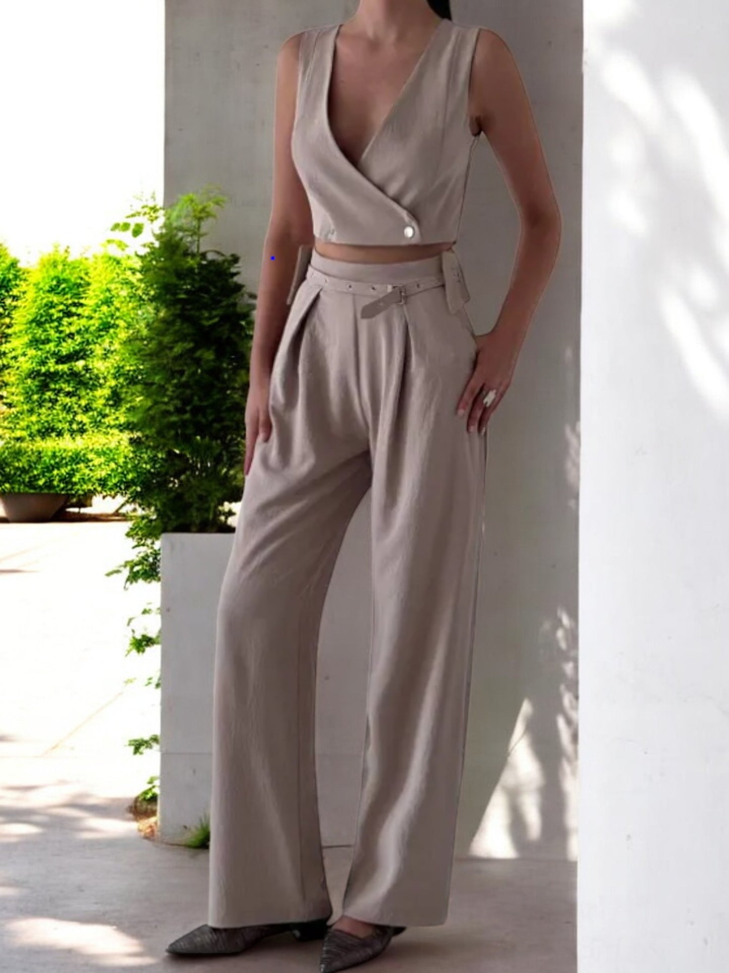 Cross Button Crop Top Mink Suit