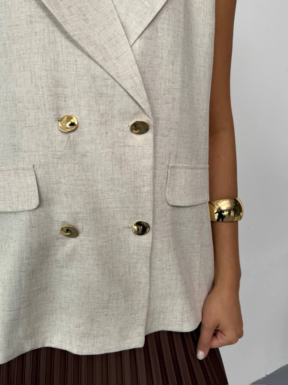 Beige Sleeveless Double Breast Vest