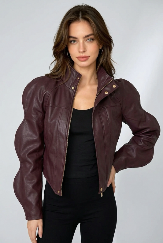Burgundy Sculpted Wave-Sleeve Jacket