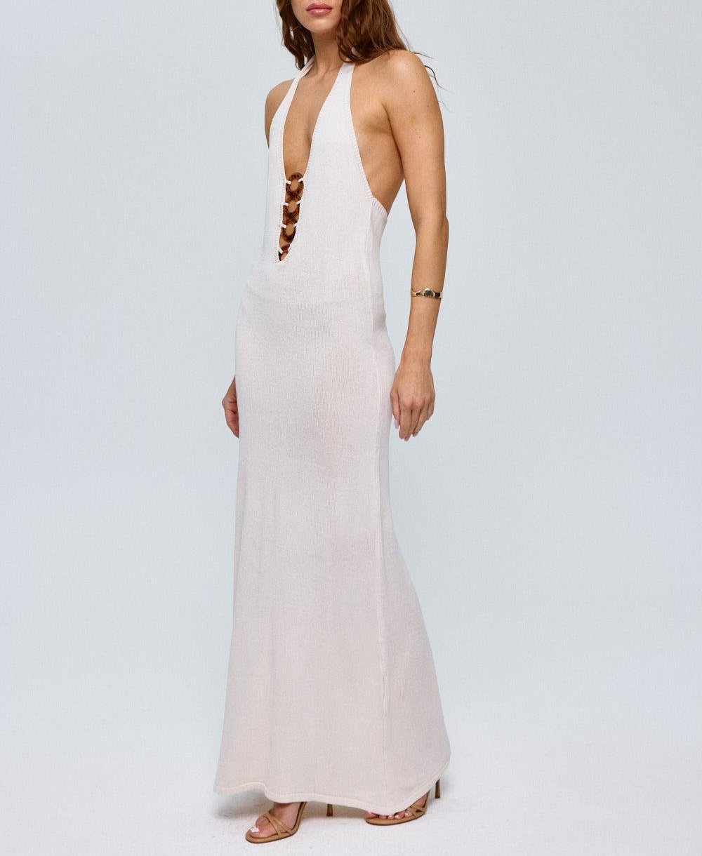 Ring Detail Halter Knitted Dress- Ivory