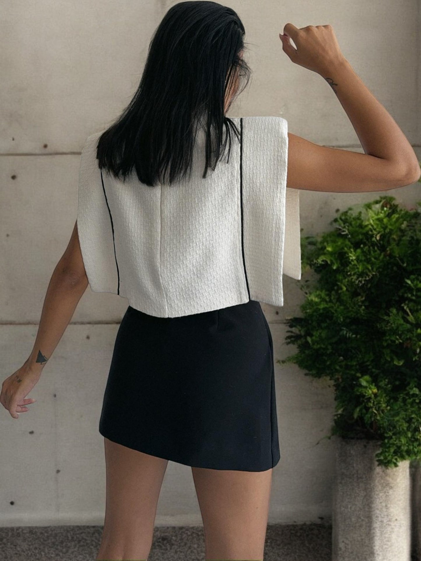 White Cropped Structured Top with Black Lining