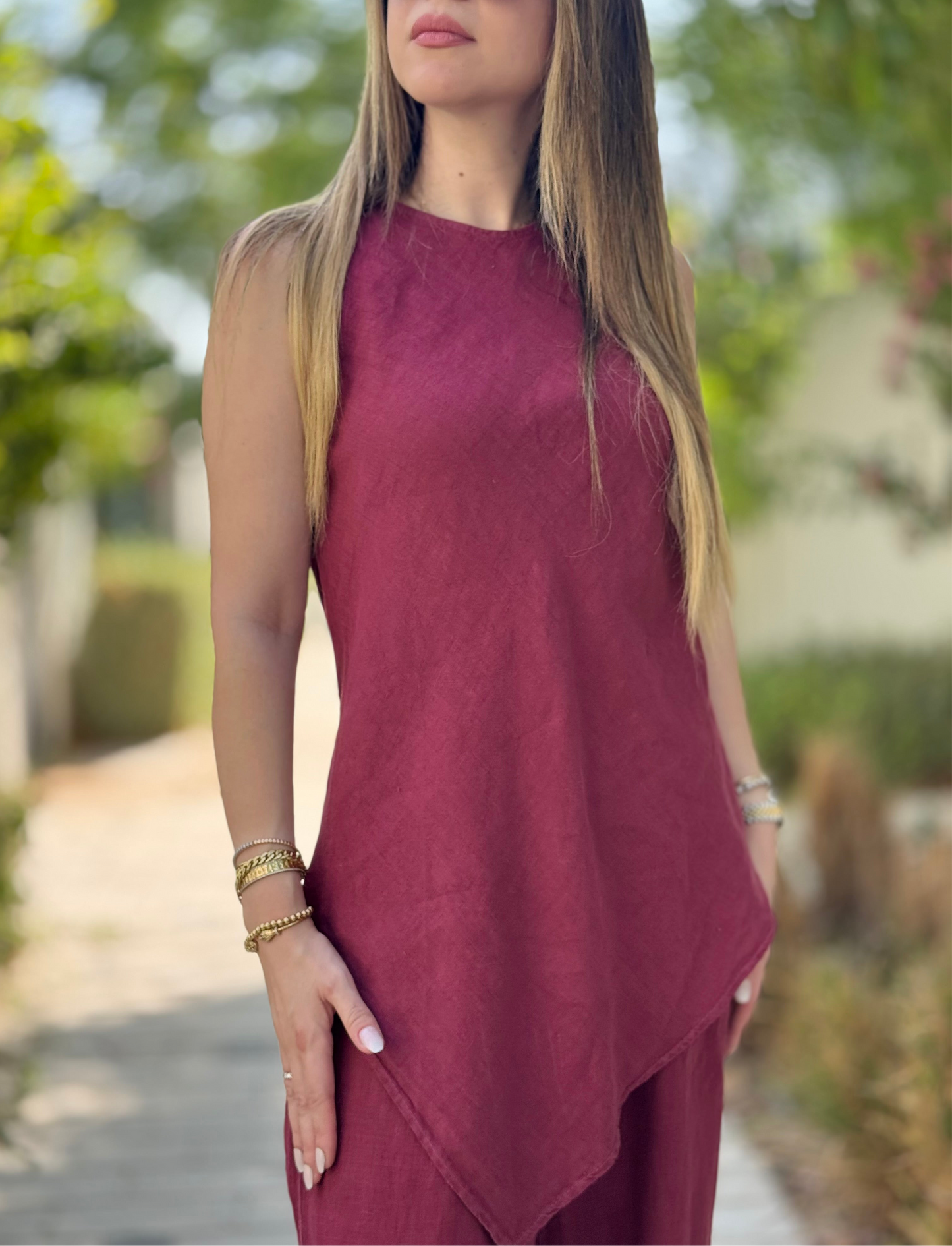 Asymmetric Linen Set in Bordeaux