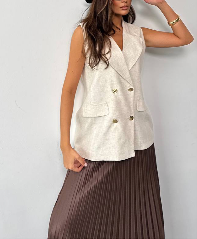 Beige Sleeveless Double Breast Vest
