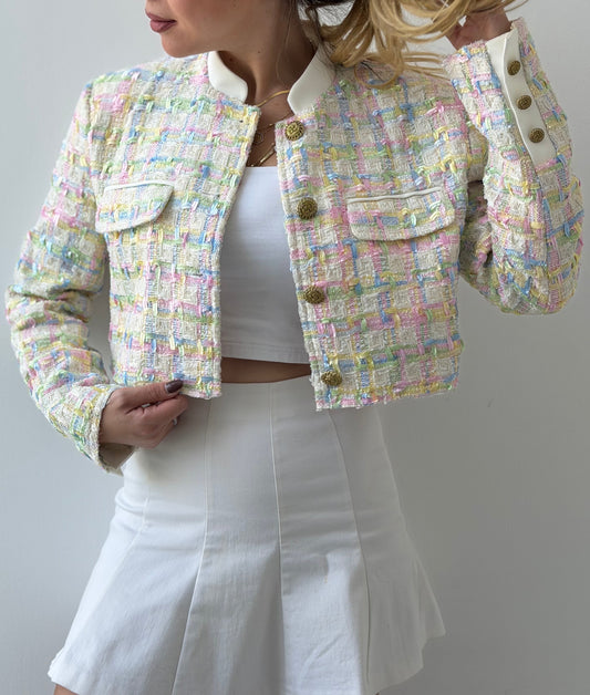 Cropped Pastel Tweed Blazer