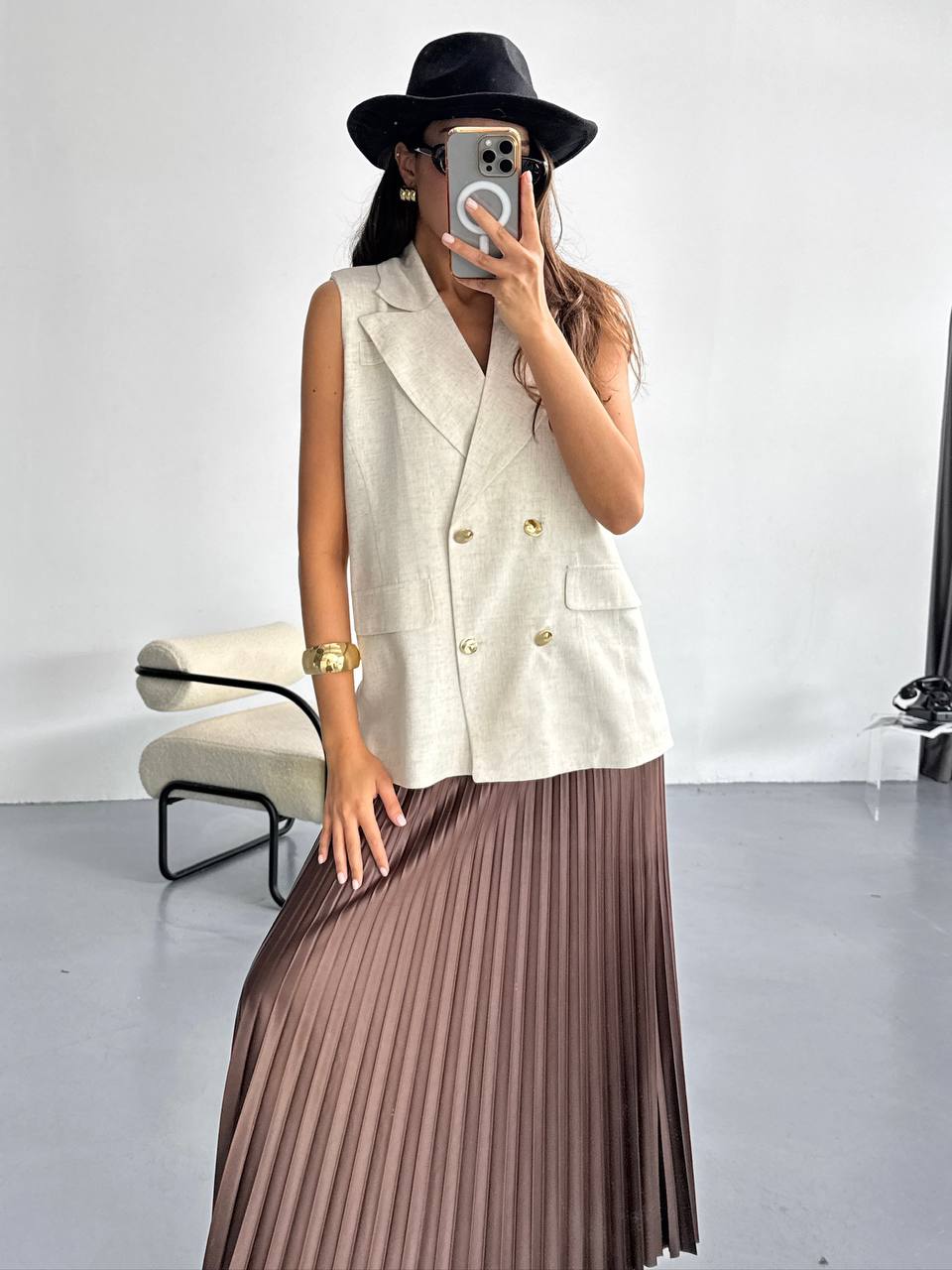 Beige Sleeveless Double Breast Vest