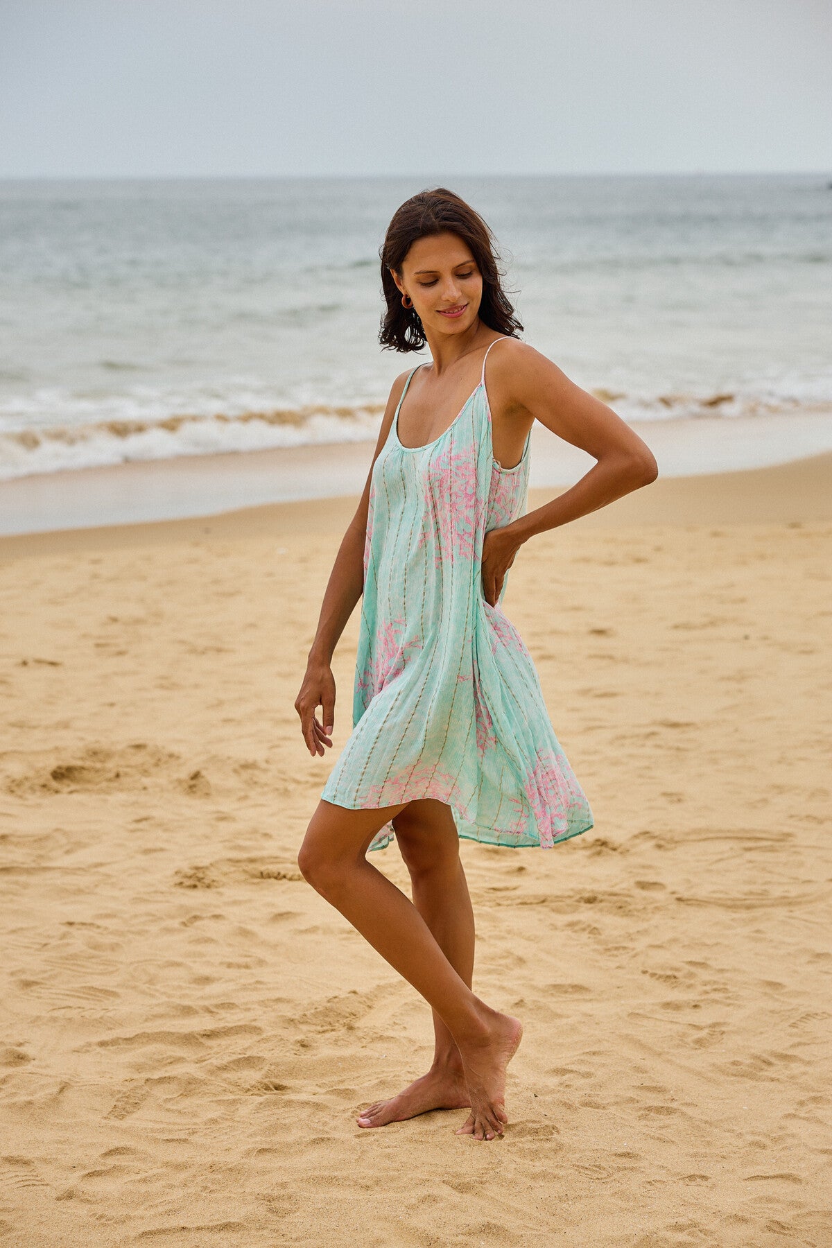 Turquoise Coral Print Beach Dress