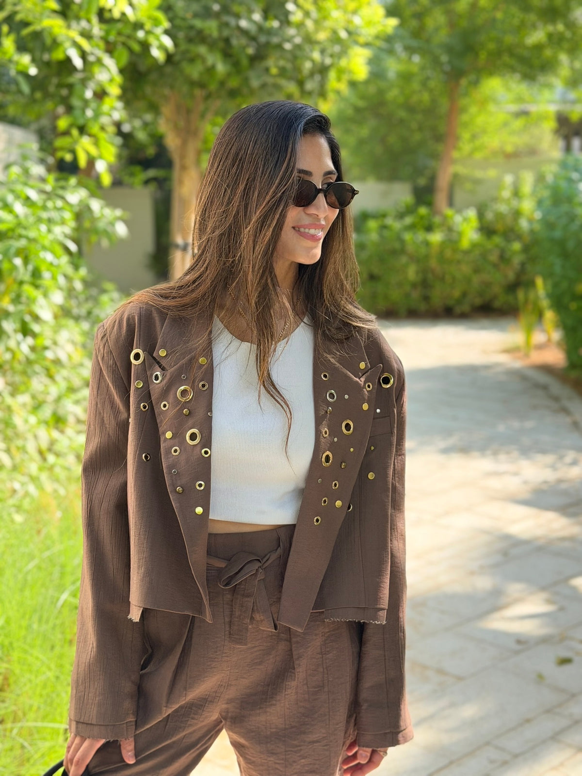 Brown hand-embellished Eyelet Blazer & Trouser Set