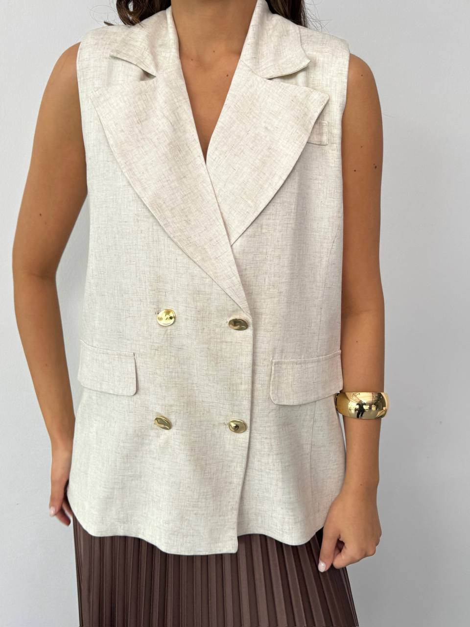 Beige Sleeveless Double Breast Vest