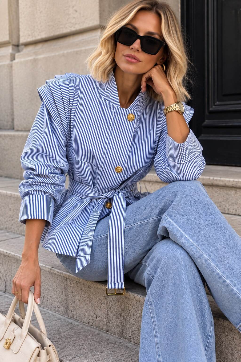 Blue Striped Belted Jacket with Pleated Shoulders