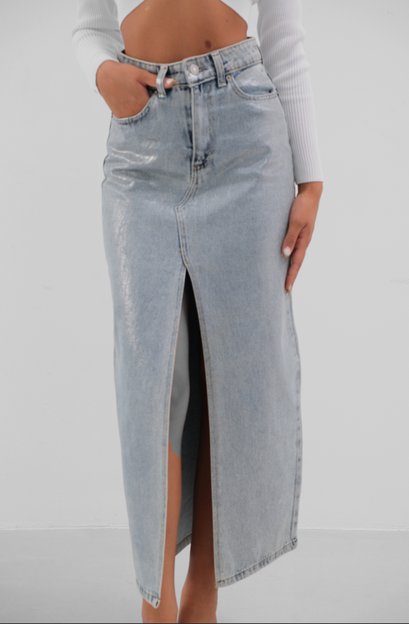 Shiny Denim Midi Skirt with Front Slit