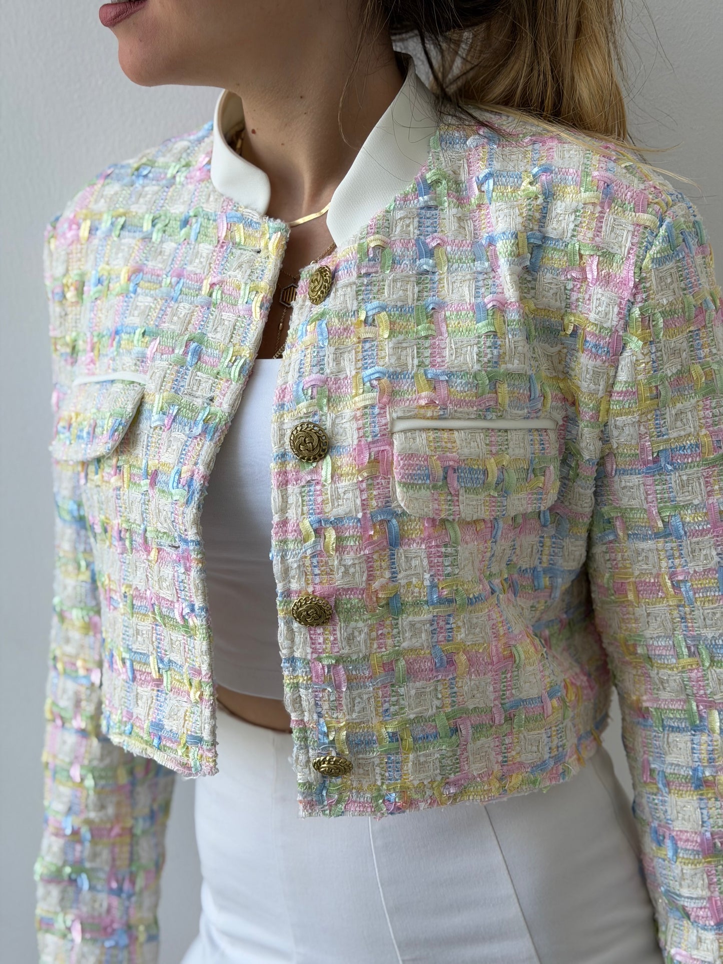 Cropped Pastel Tweed Blazer