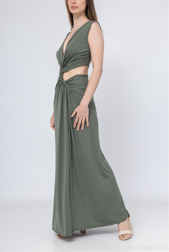 Khaki Knot-Front Cutout Maxi Dress