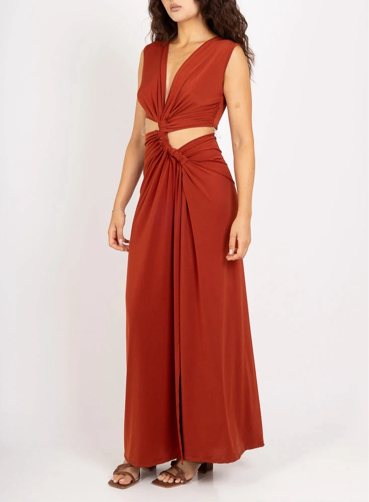 Brick Knot-Front Cutout Maxi Dress
