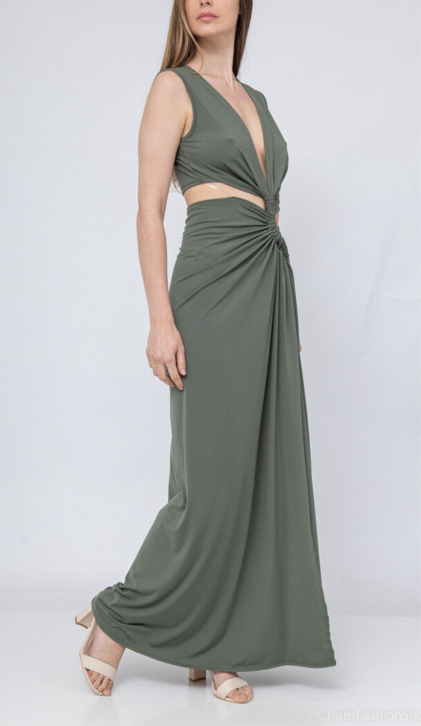 Khaki Knot-Front Cutout Maxi Dress