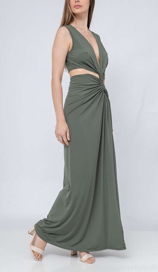 Khaki Knot-Front Cutout Maxi Dress