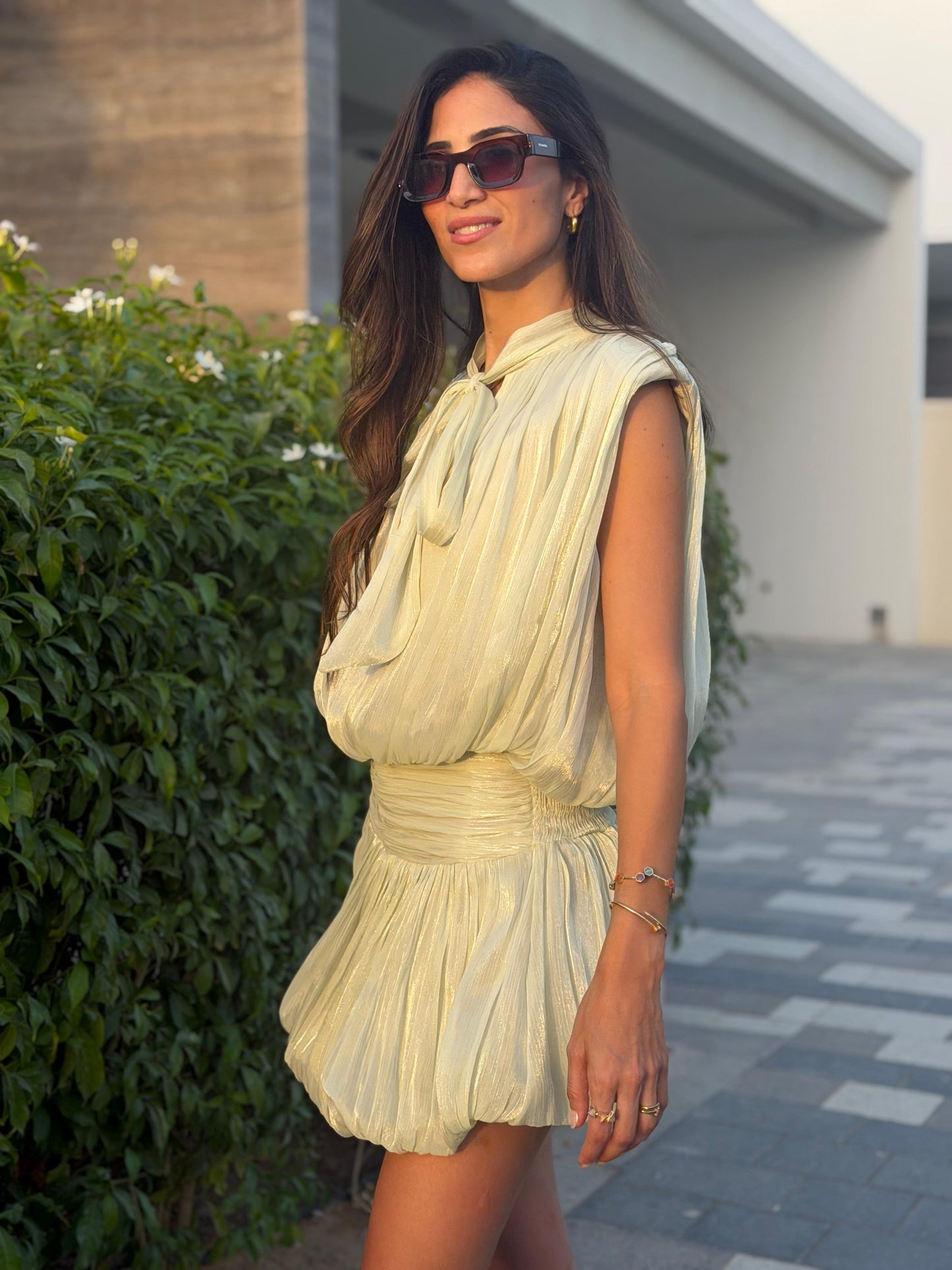 Sage Shimmer Tie-Neck Balloon Skirt Set