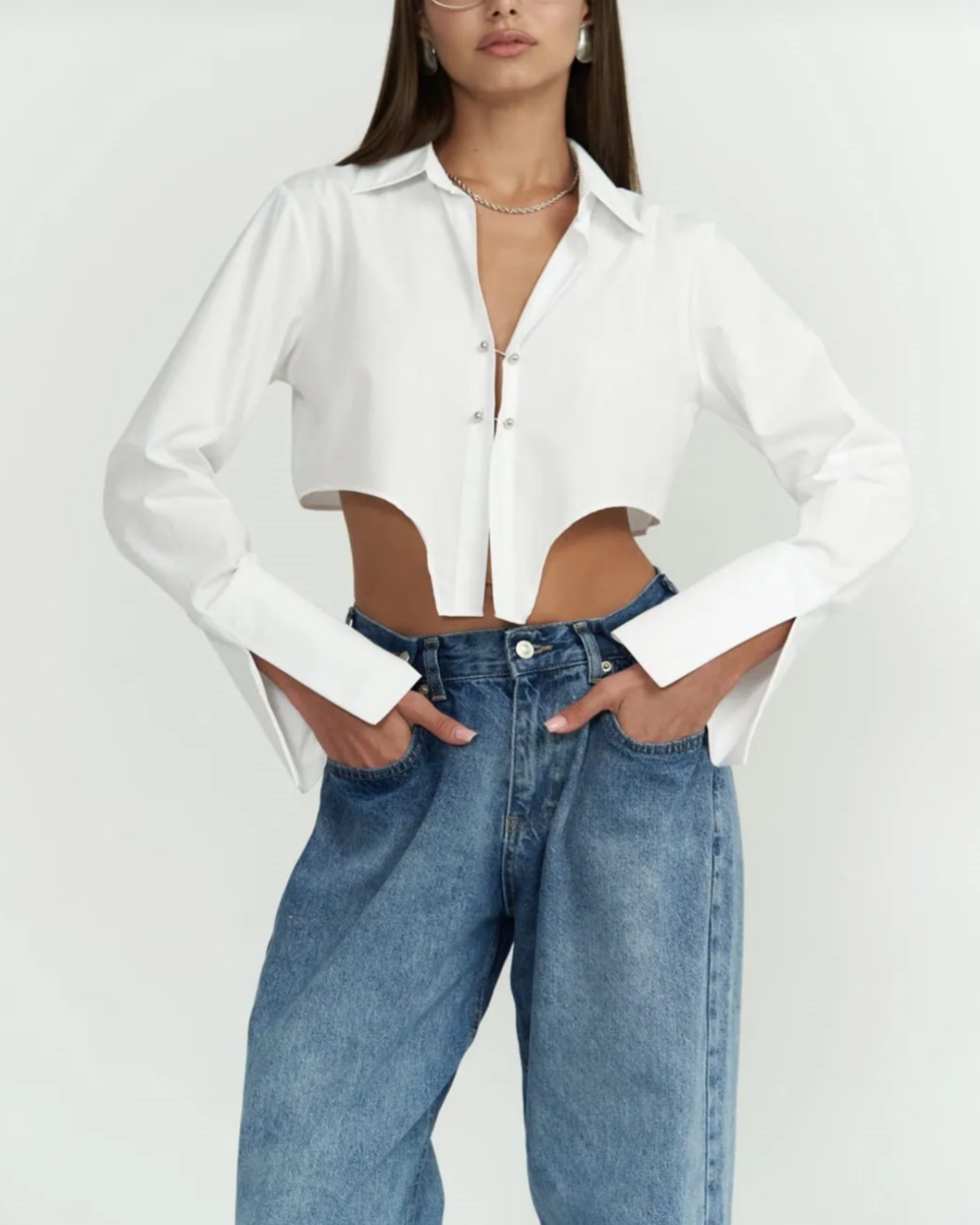 White Metal Detail Cropped Shirt
