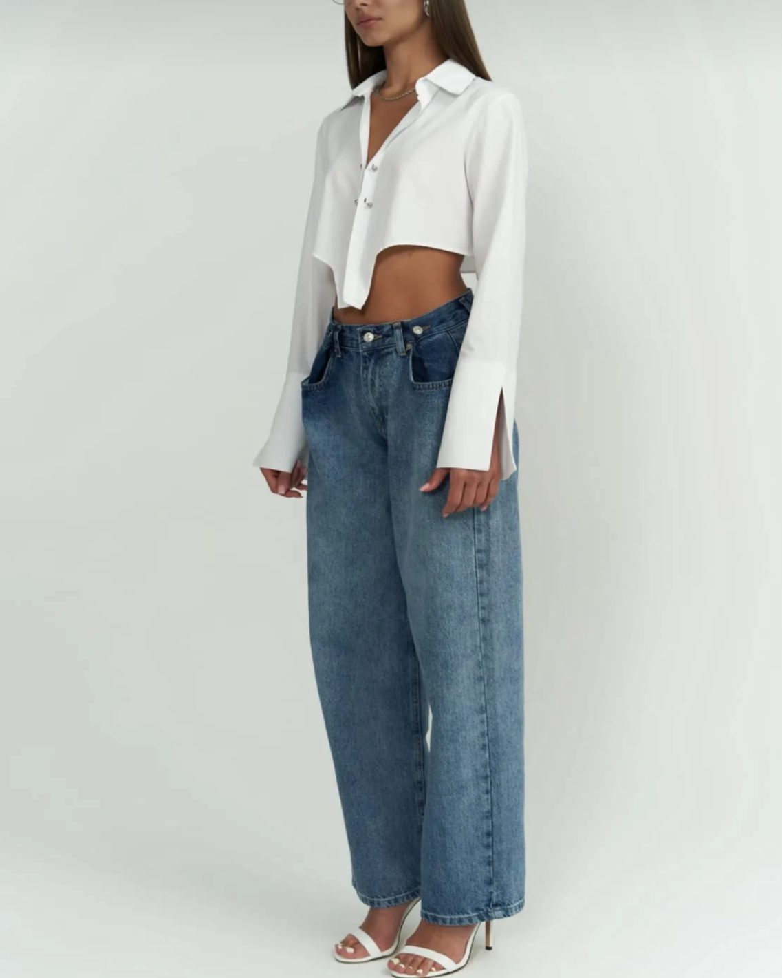 White Metal Detail Cropped Shirt