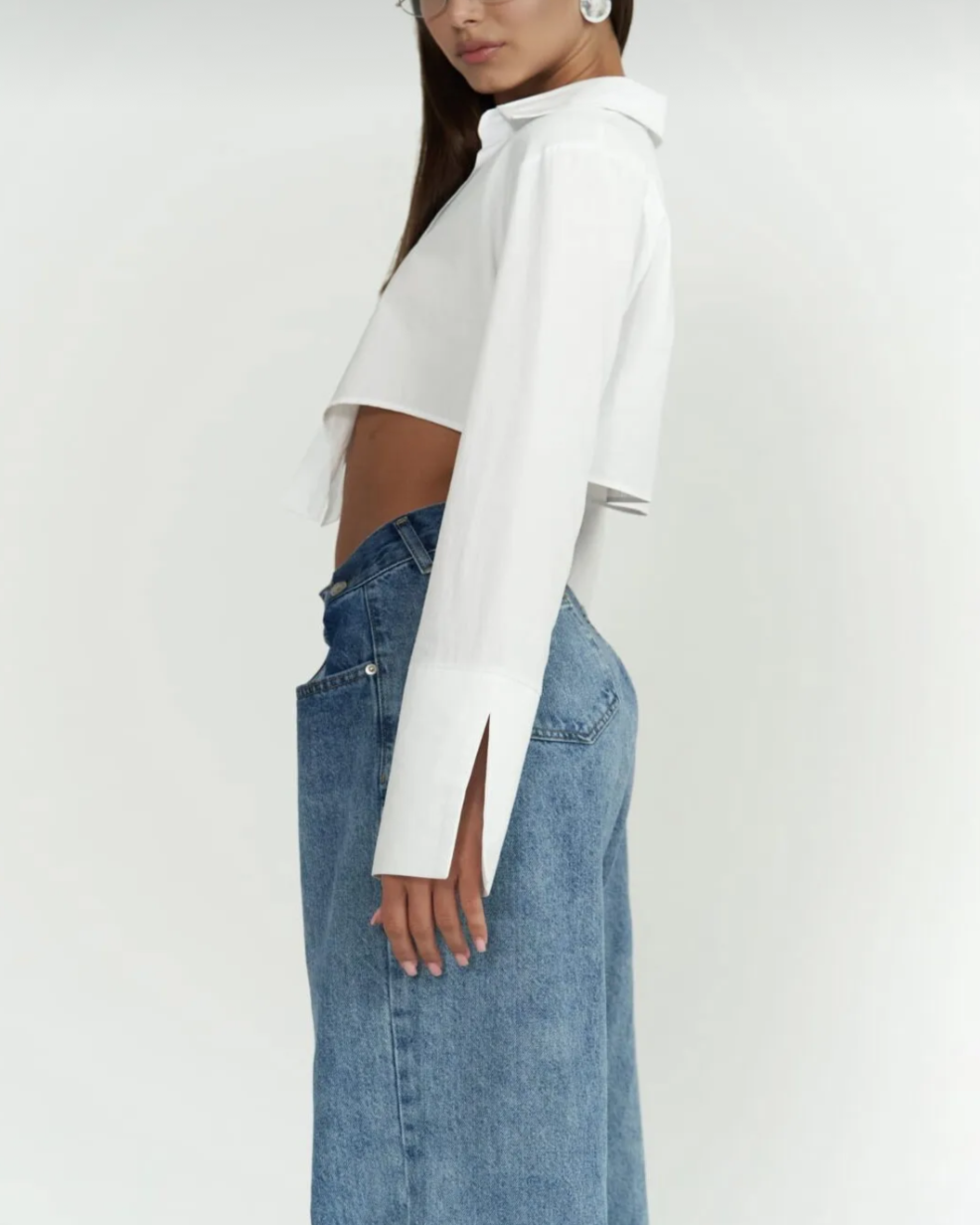 White Metal Detail Cropped Shirt
