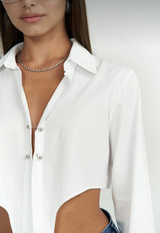 White Metal Detail Cropped Shirt