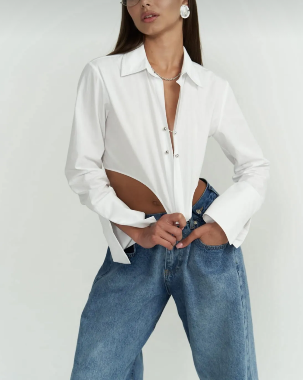 White Metal Detail Cropped Shirt