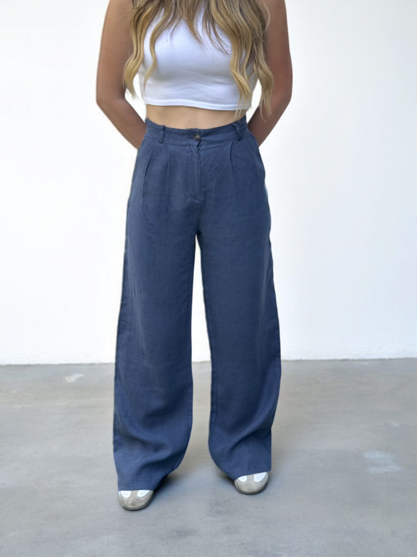 Linen Navy Blue Wide-Leg Pants