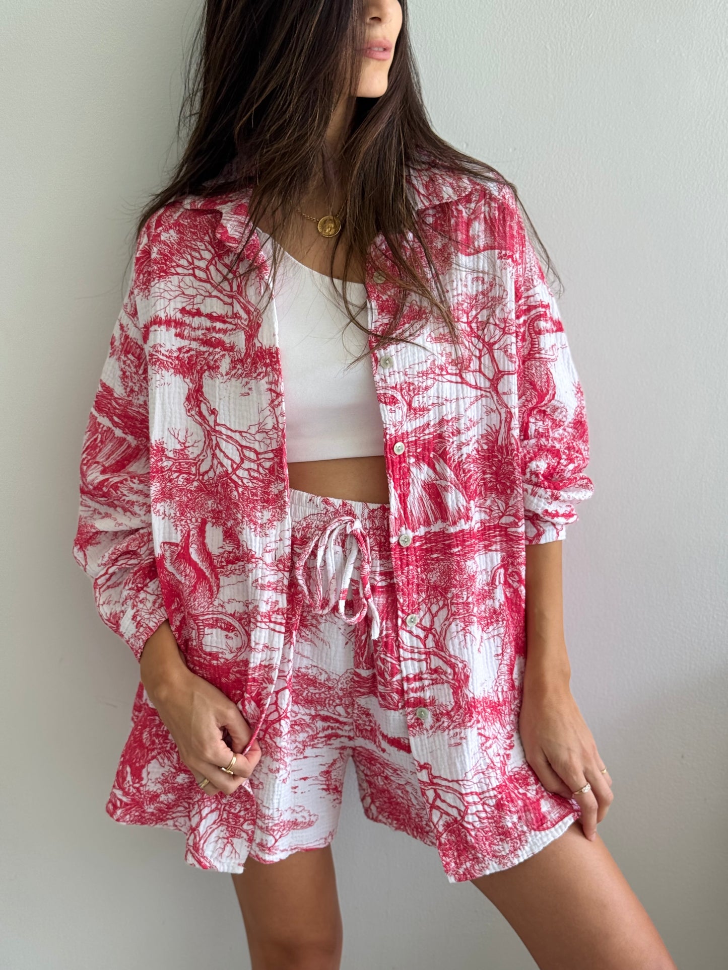 Red and White Printed Oversized Shirt Set