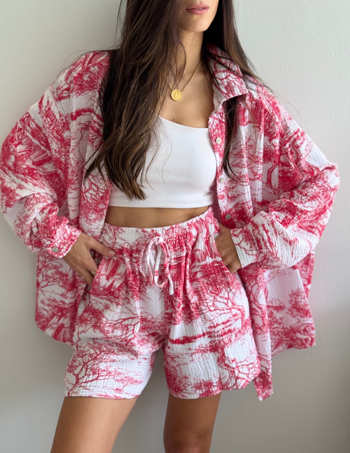 Red and White Printed Oversized Shirt Set